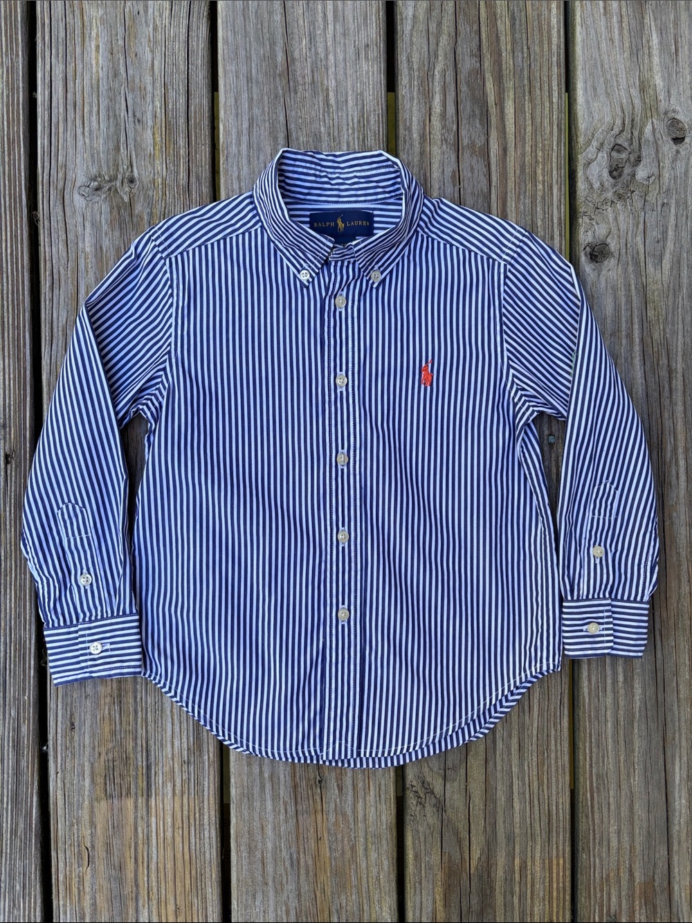 RALPH LAUREN | Navy Striped Cotton Classic Preppy Pony Dress Shirt | Size 4/4T